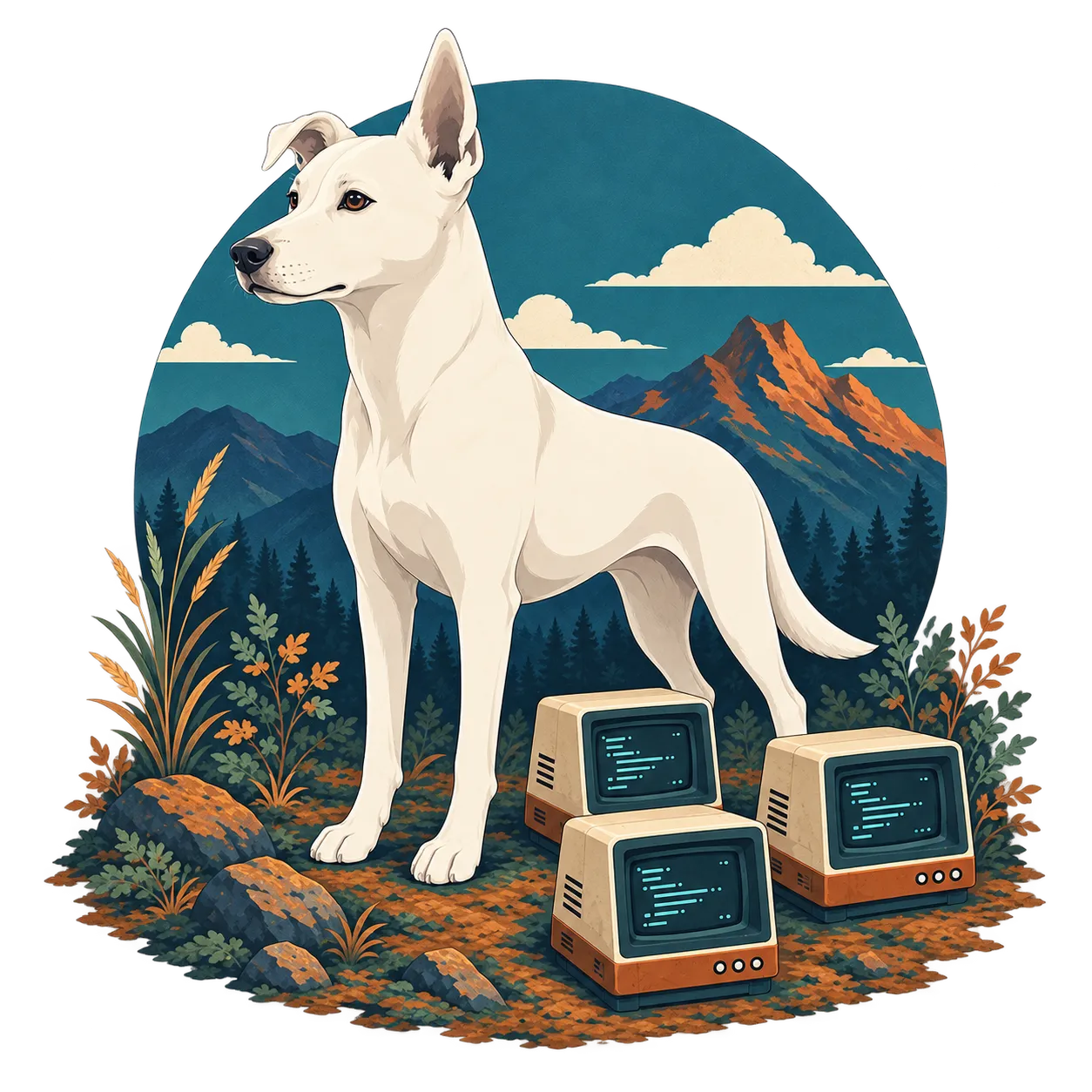 Drover, a white dog, standing watch over three small glowing terminals in a mountain landscape