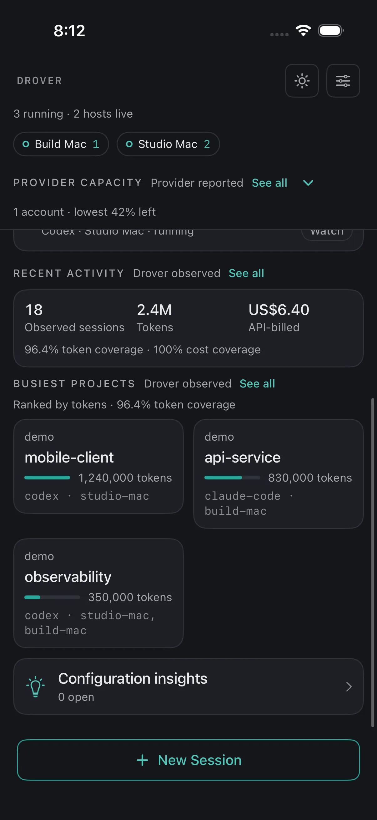 Drover iOS cockpit showing observed sessions, token totals and busiest projects