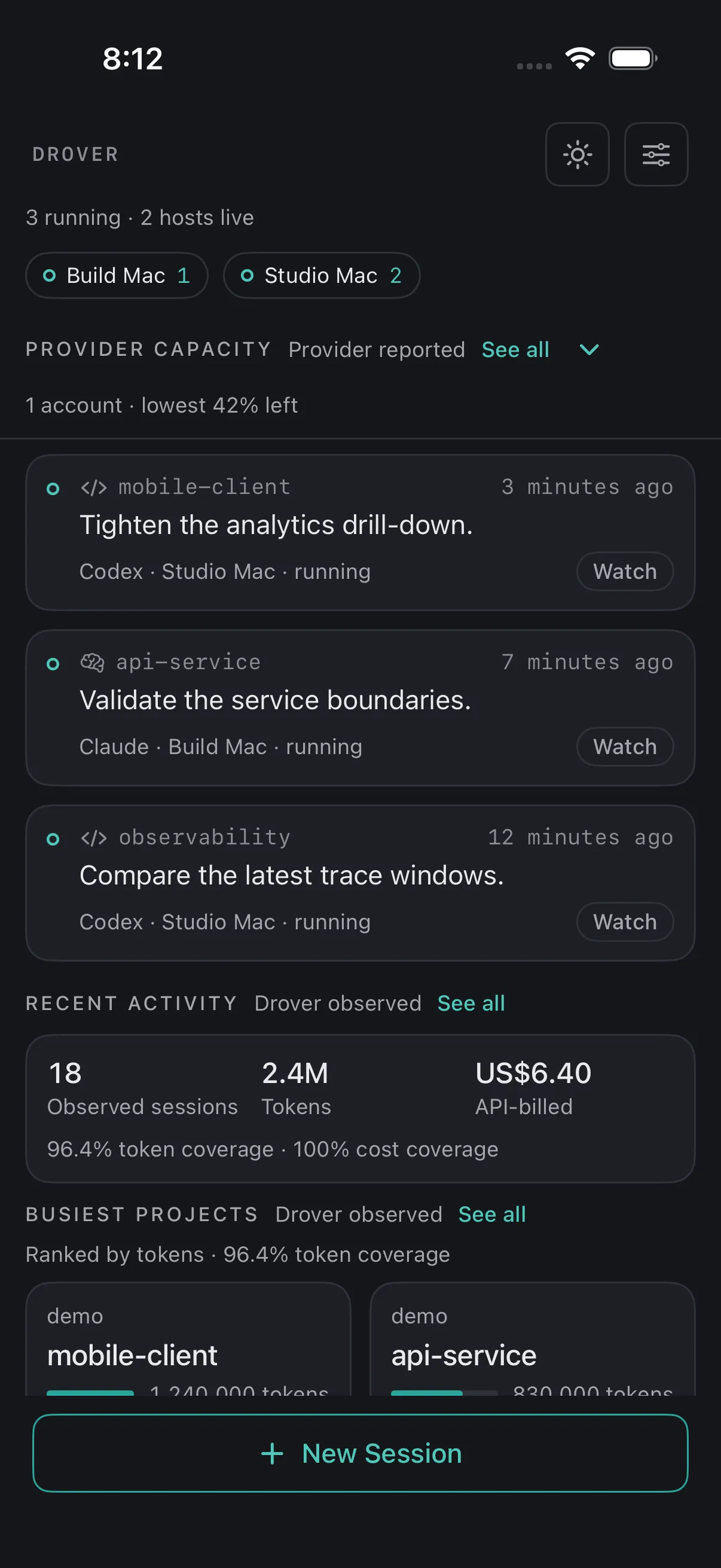Drover iOS fleet view listing three running sessions across two hosts with provider capacity