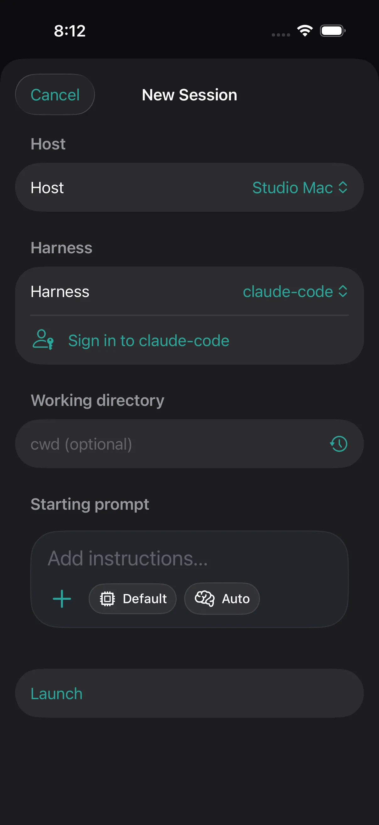 Drover iOS new session sheet with host, harness, model and reasoning controls